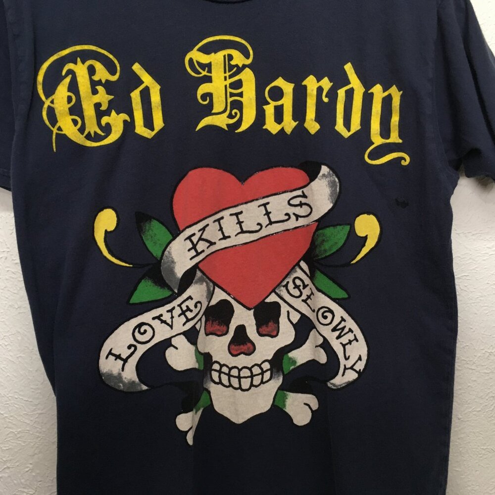 VTG Ed Hardy Graphic T-Shirt Mens S Blue Skull Love Kills Flocked Cotton Y2K USA - Picture 2 of 6
